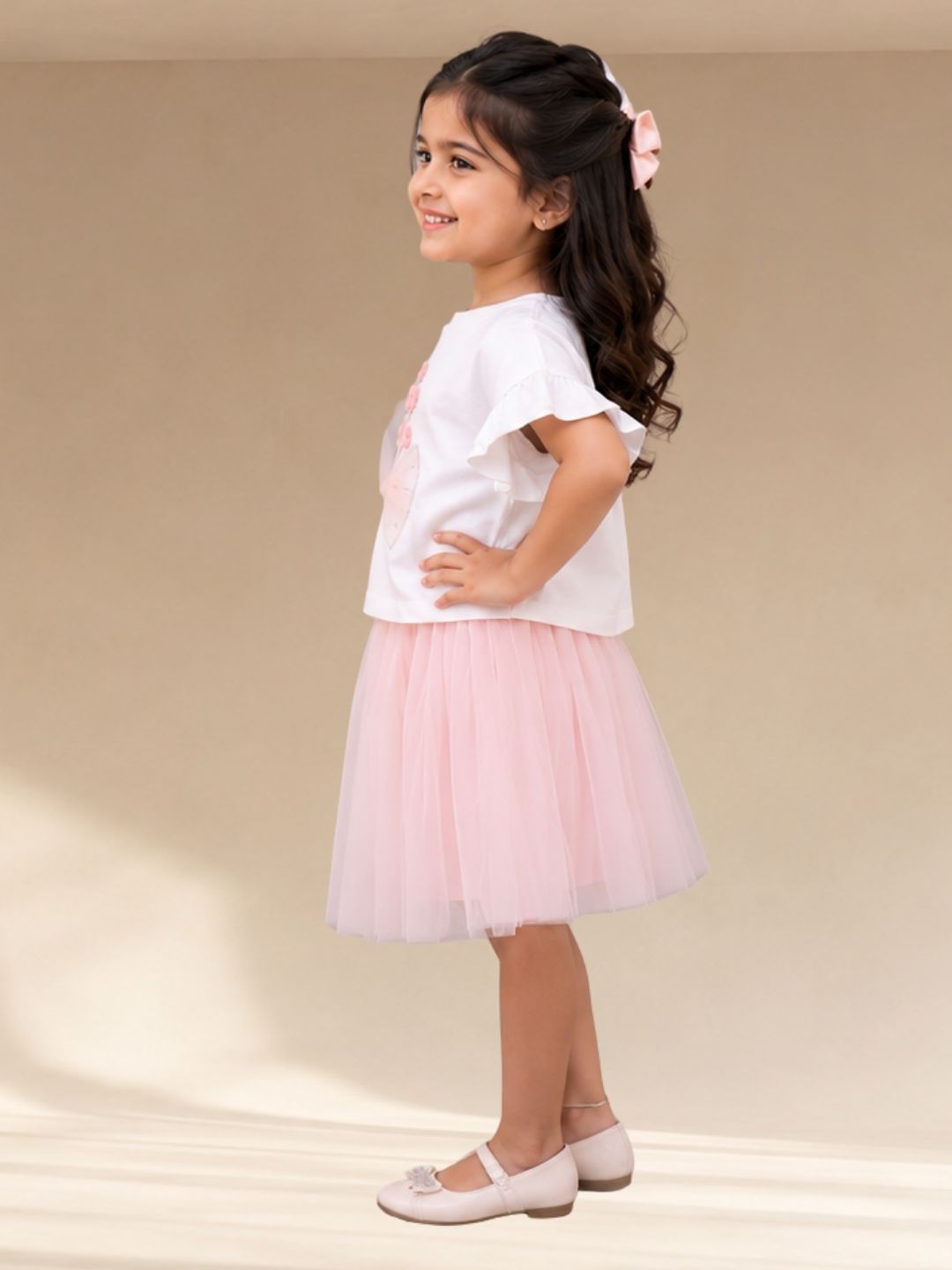 Paris Night White T-shirt with Pink Skirt Set For Girls