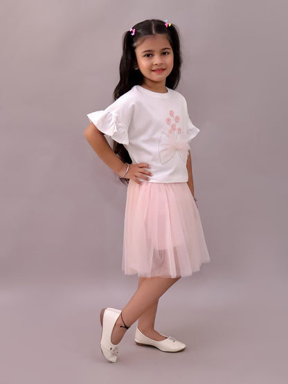 Paris Night White T-shirt with Pink Skirt Set For Girls