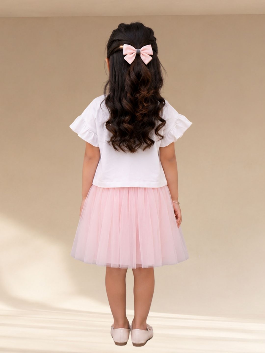 Paris Night White T-shirt with Pink Skirt Set For Girls