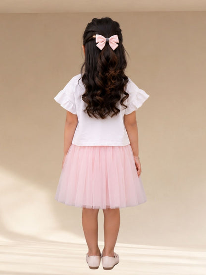 Paris Night White T-shirt with Pink Skirt Set For Girls