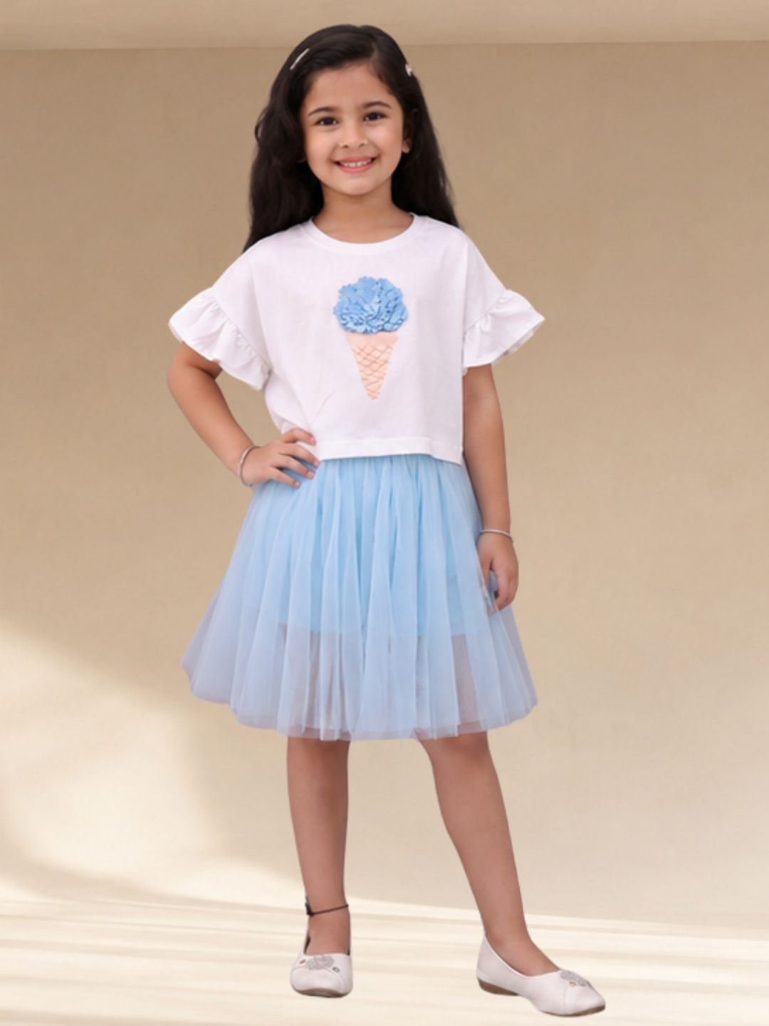 Paris Night White T-shirt with Blue Skirt Set For Girls