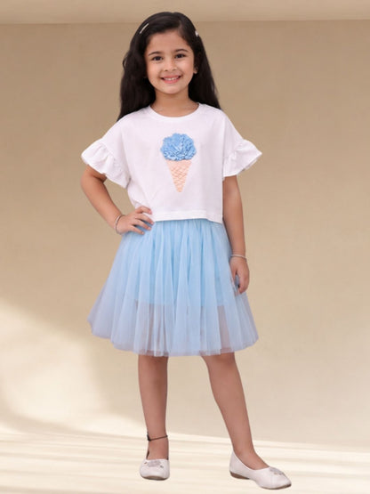 Paris Night White T-shirt with Blue Skirt Set For Girls