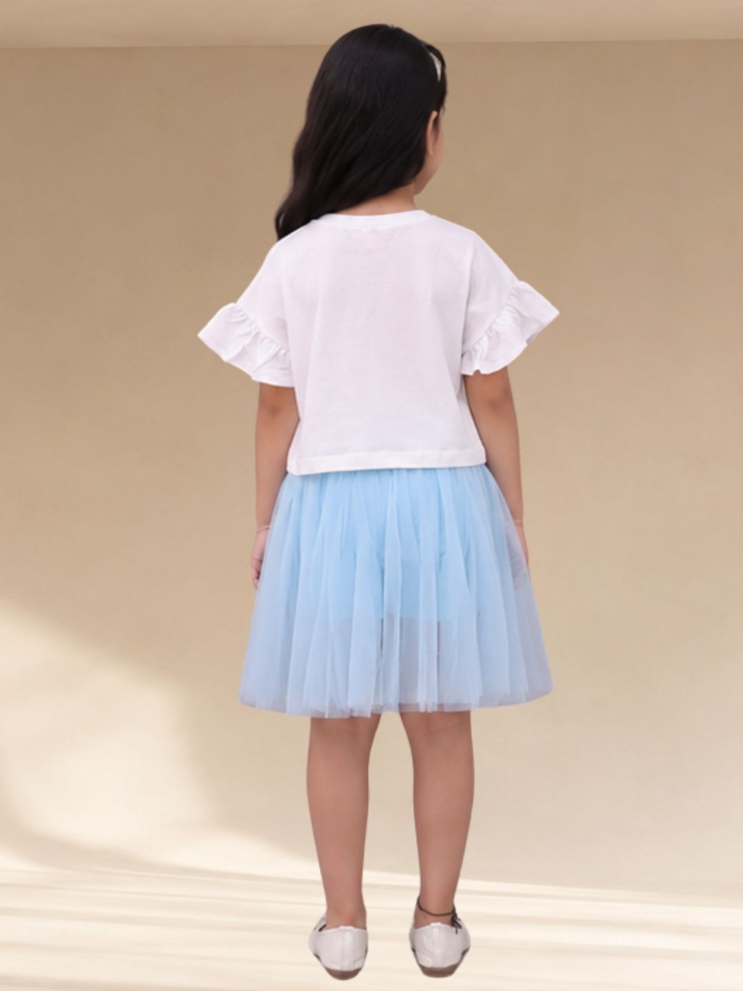 Paris Night White T-shirt with Blue Skirt Set For Girls