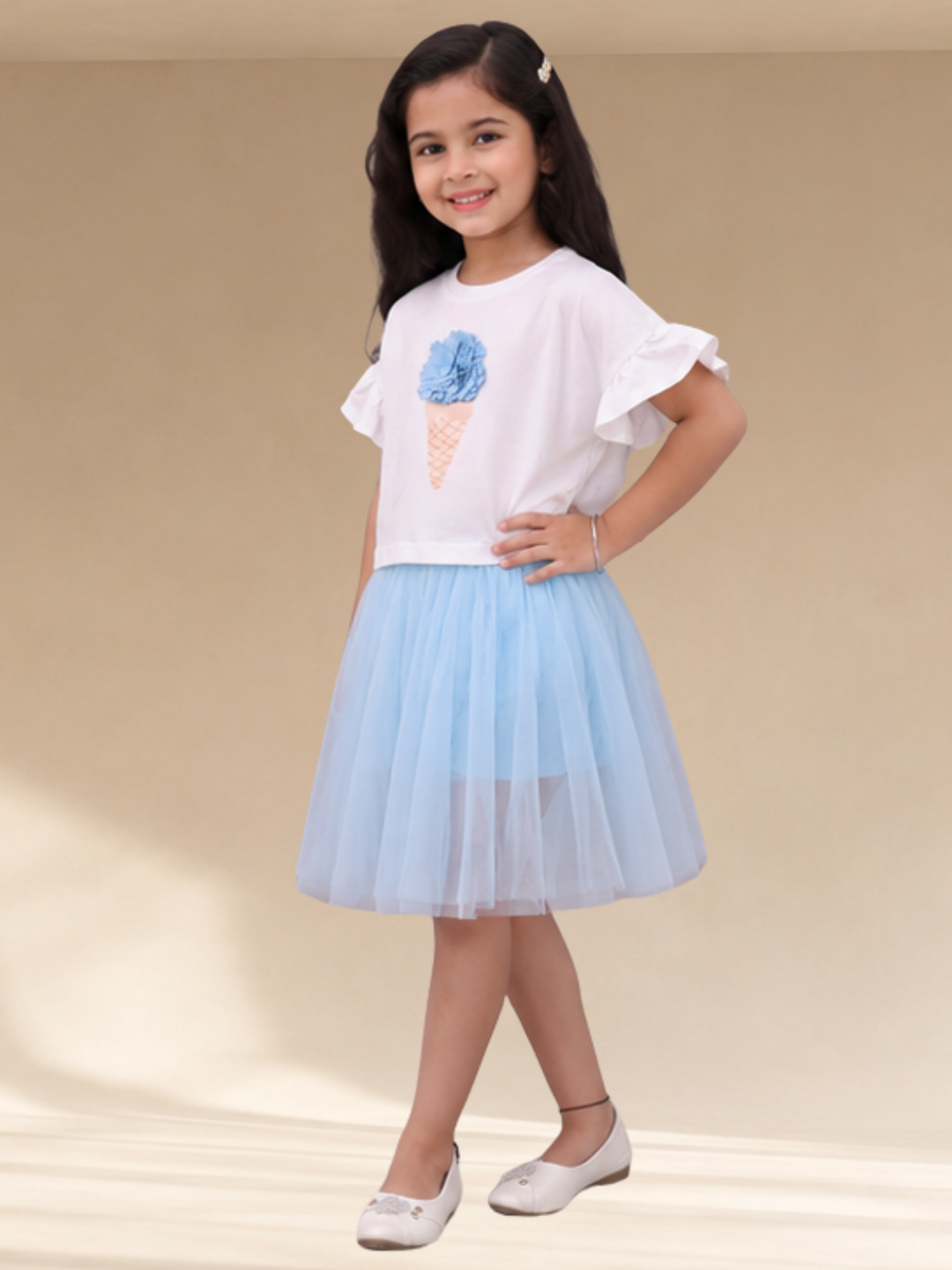 Paris Night White T-shirt with Blue Skirt Set For Girls