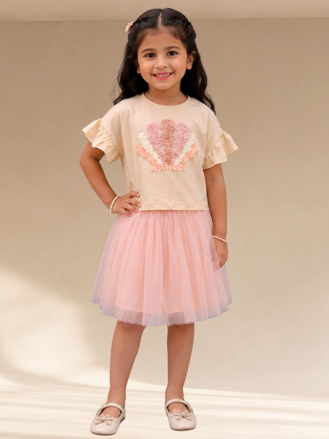 Paris Night Off White T-shirt with Peach Skirt Set For Girls