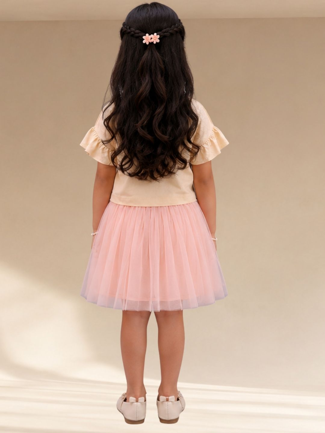 Paris Night Off White T-shirt with Peach Skirt Set For Girls