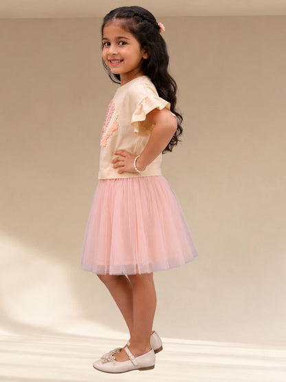 Paris Night Off White T-shirt with Peach Skirt Set For Girls
