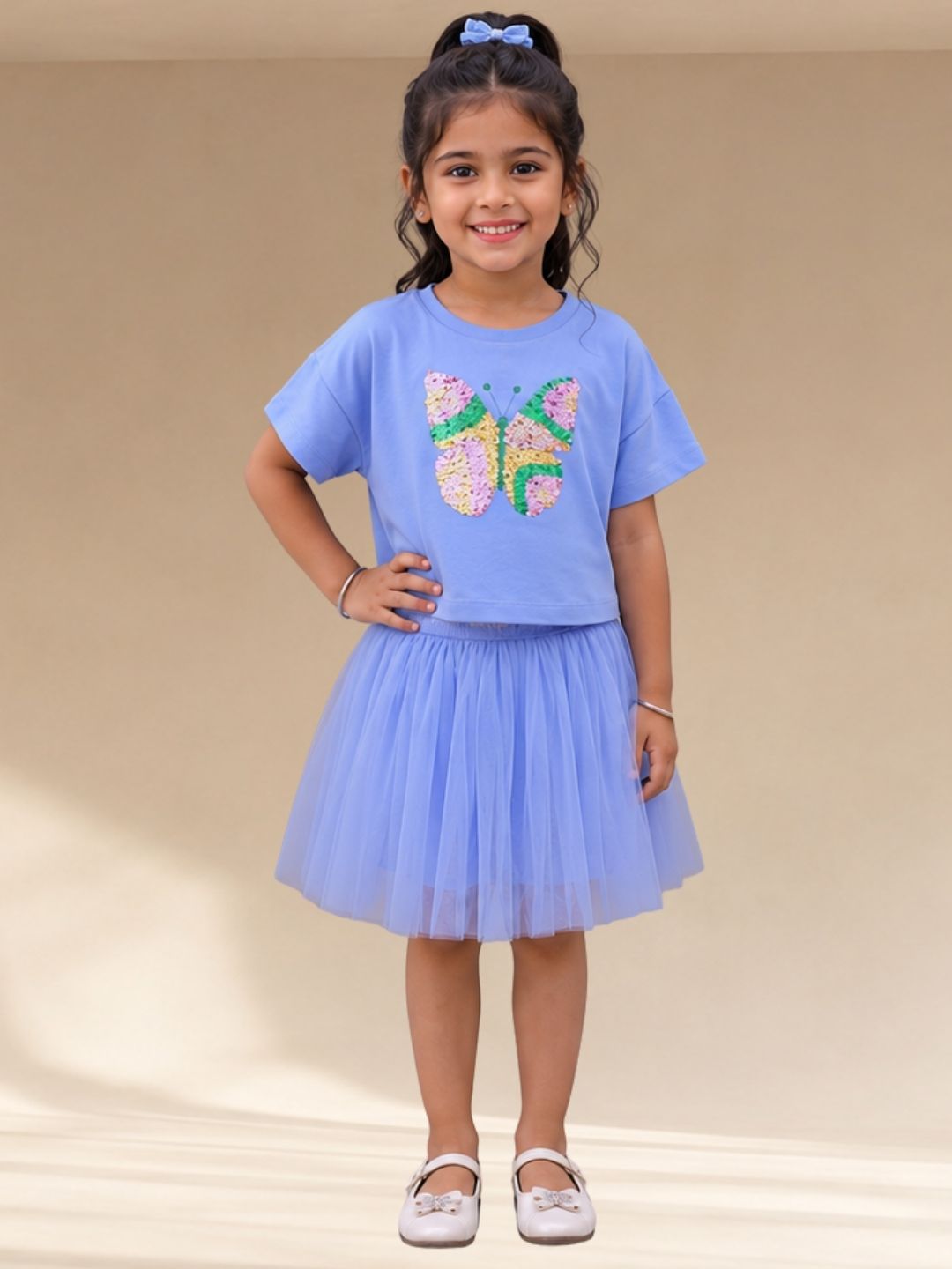 Paris Night Blue T-shirt with Skirt Set For Girls