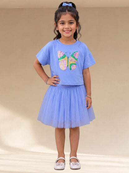 Paris Night Blue T-shirt with Skirt Set For Girls