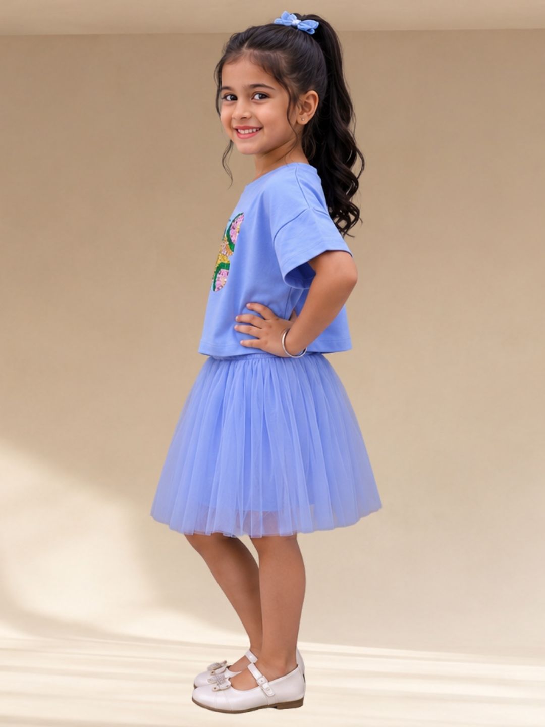 Paris Night Blue T-shirt with Skirt Set For Girls