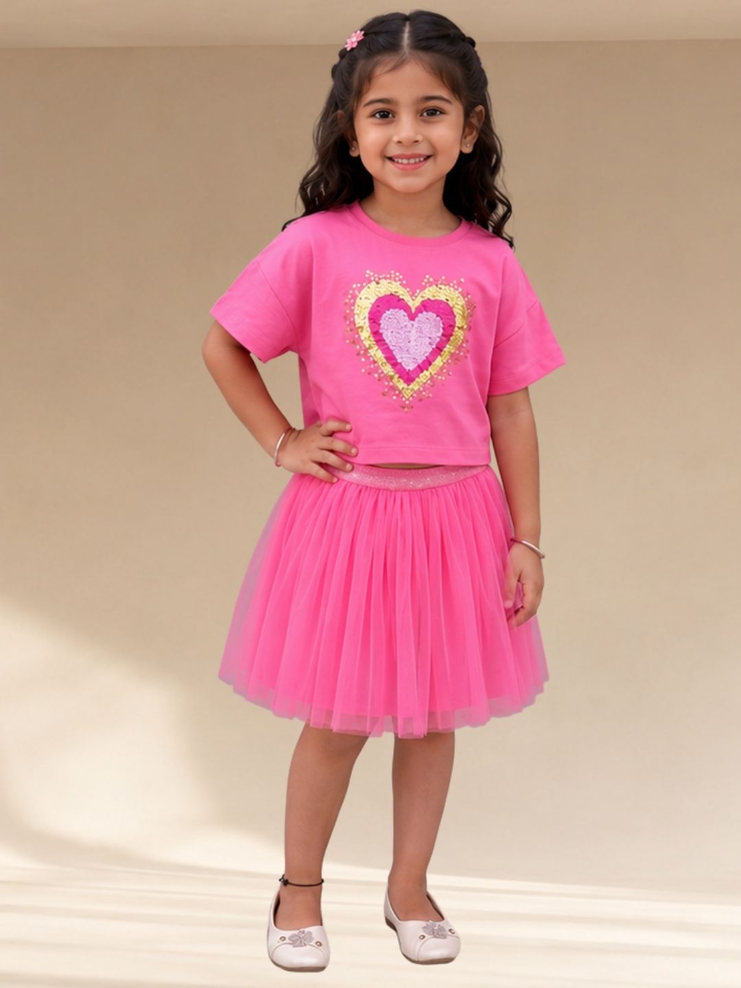 Paris Night Pink T-shirt with Skirt Set For Girls