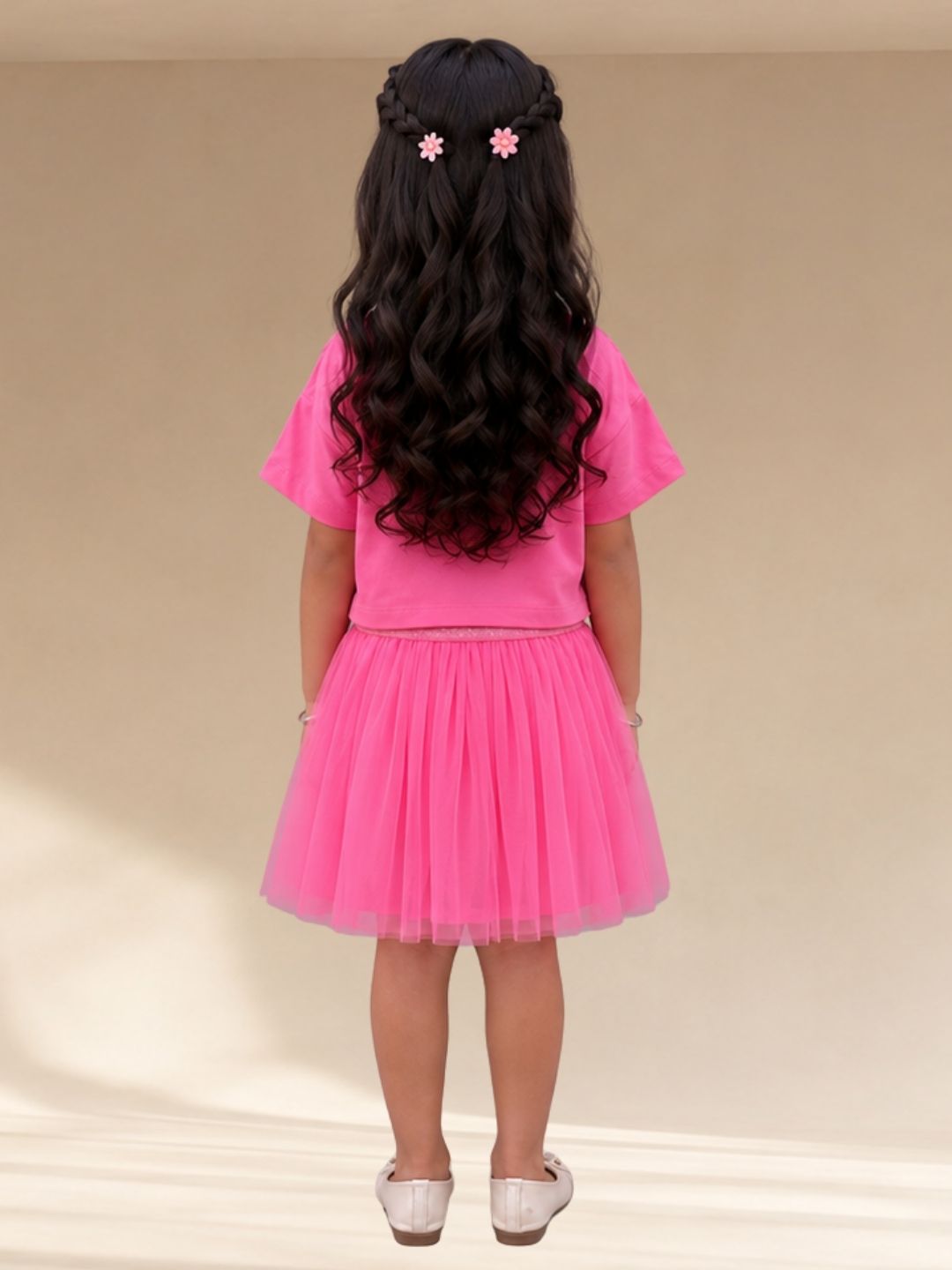 Paris Night Pink T-shirt with Skirt Set For Girls