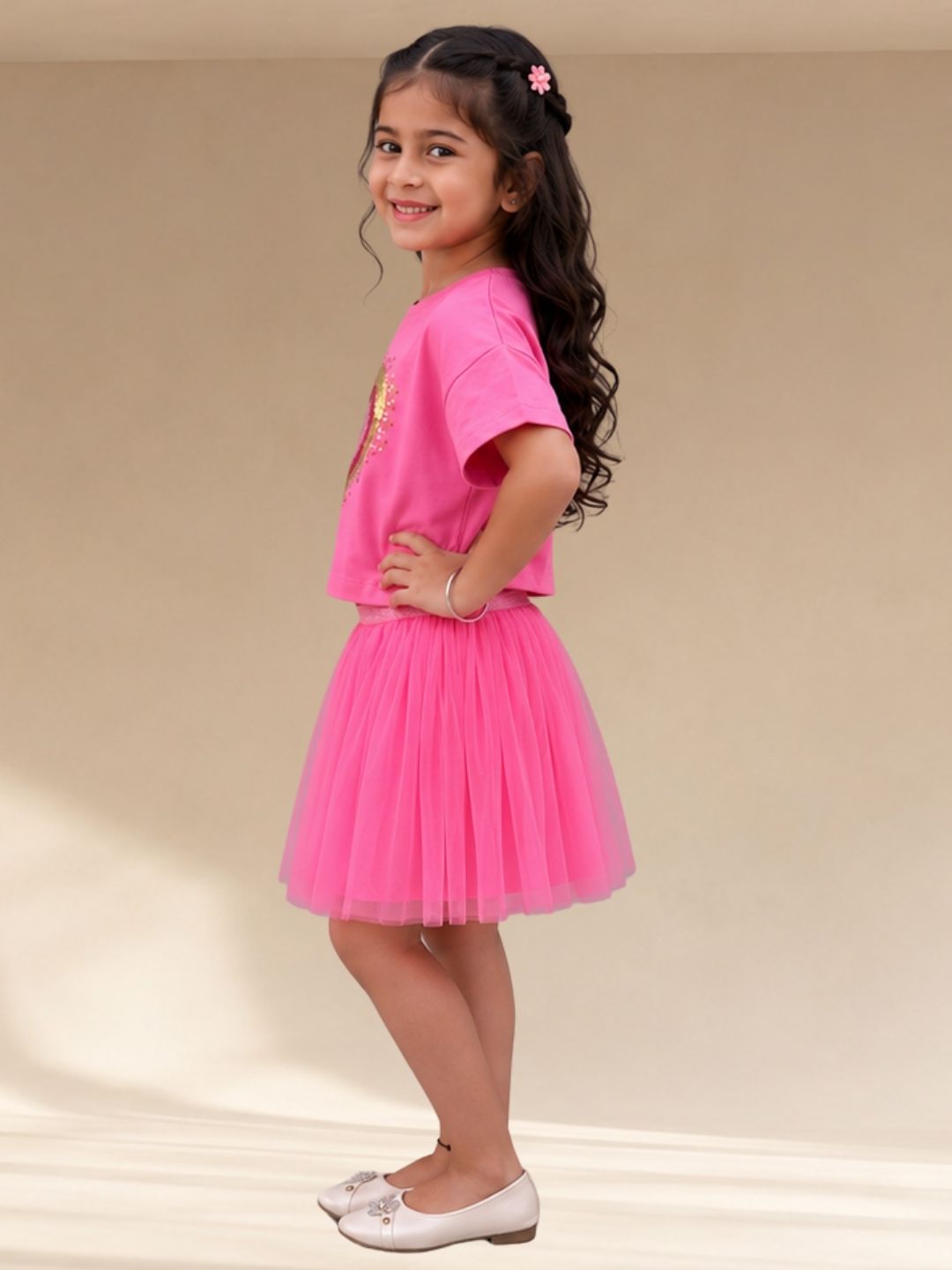 Paris Night Pink T-shirt with Skirt Set For Girls