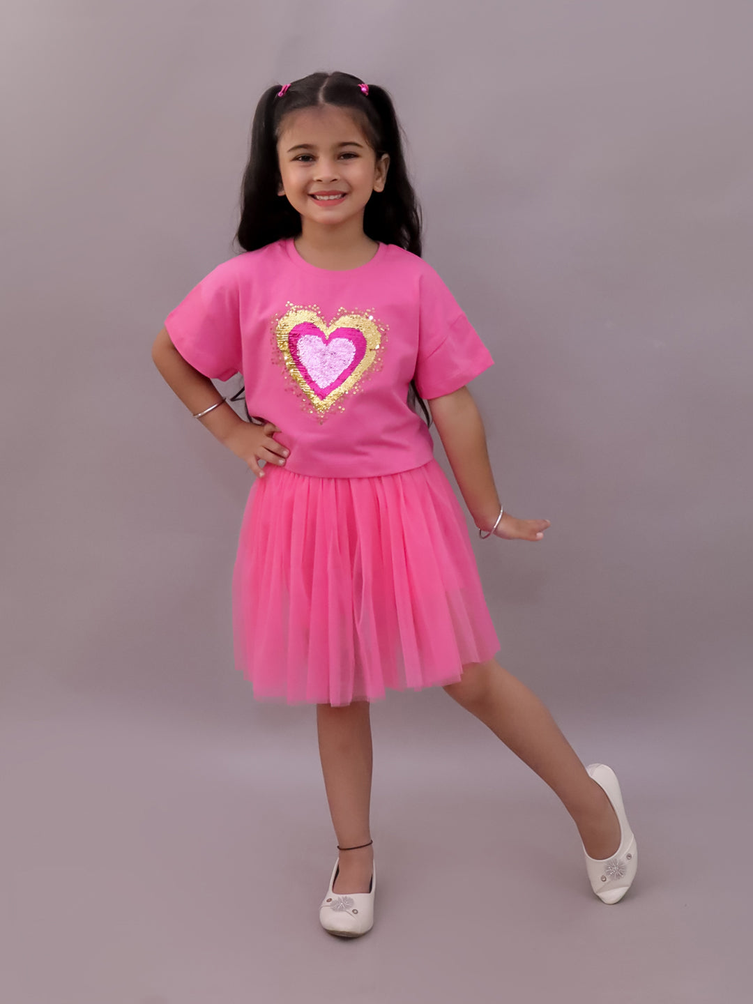 Paris Night Pink T-shirt with Skirt Set For Girls
