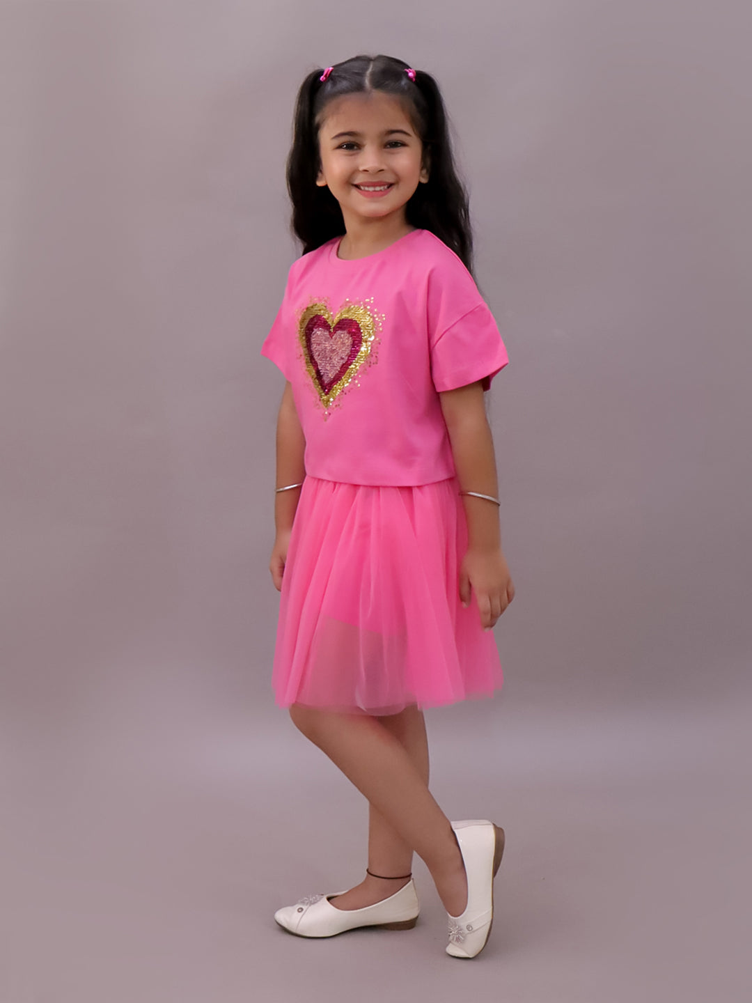 Paris Night Pink T-shirt with Skirt Set For Girls