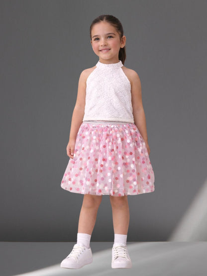 Rainbow Girls White Stylish Top with Pink Skirt Party Co-ordinate Set