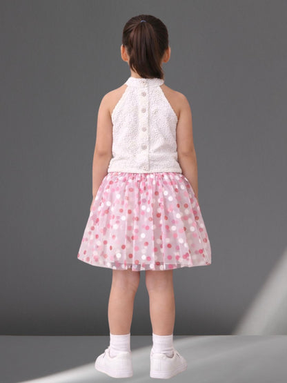 Rainbow Girls White Stylish Top with Pink Skirt Party Co-ordinate Set