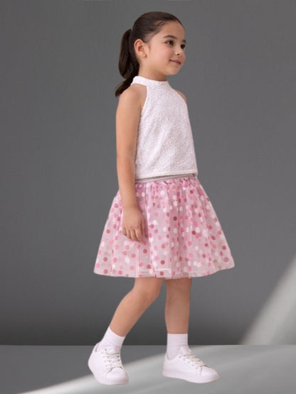 Rainbow Girls White Stylish Top with Pink Skirt Party Co-ordinate Set