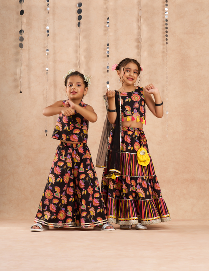 Jaipur Girls Black Cotton Top with Pant Co-ordinate Ethnic Set