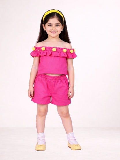Petal Play Girls Pink Cotton Top with Shorts Set