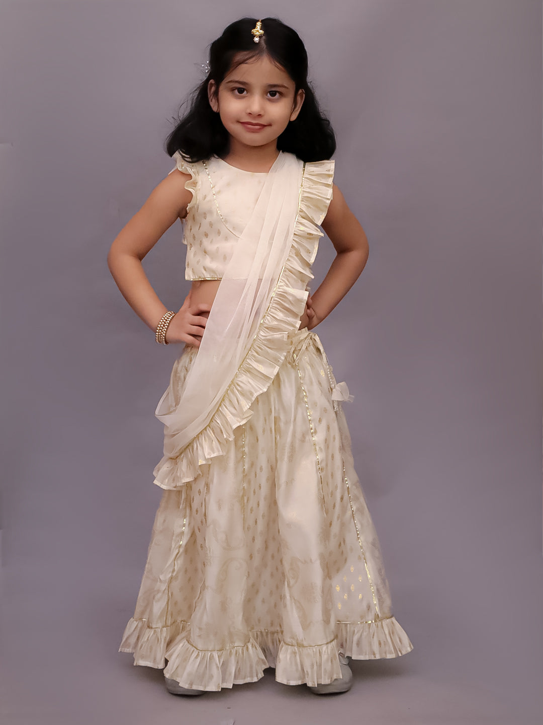 Mishti Off White Lehanga Choli Dupatta Set For Girls