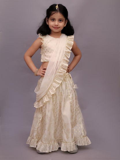 Mishti Off White Lehanga Choli Dupatta Set For Girls
