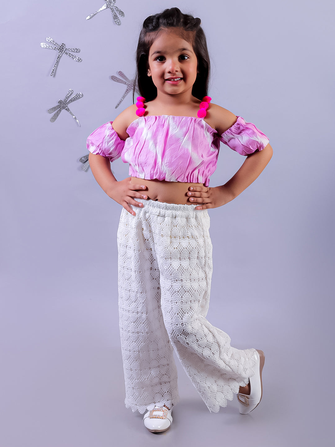 Shibori Print Lavender Top with White Pant Set For Girls