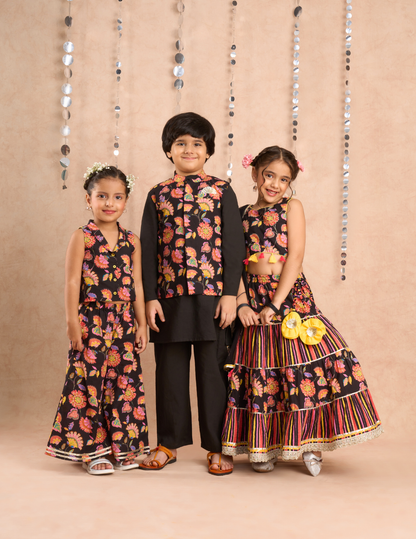 Jaipur Girls Black Cotton Top with Pant Co-ordinate Ethnic Set