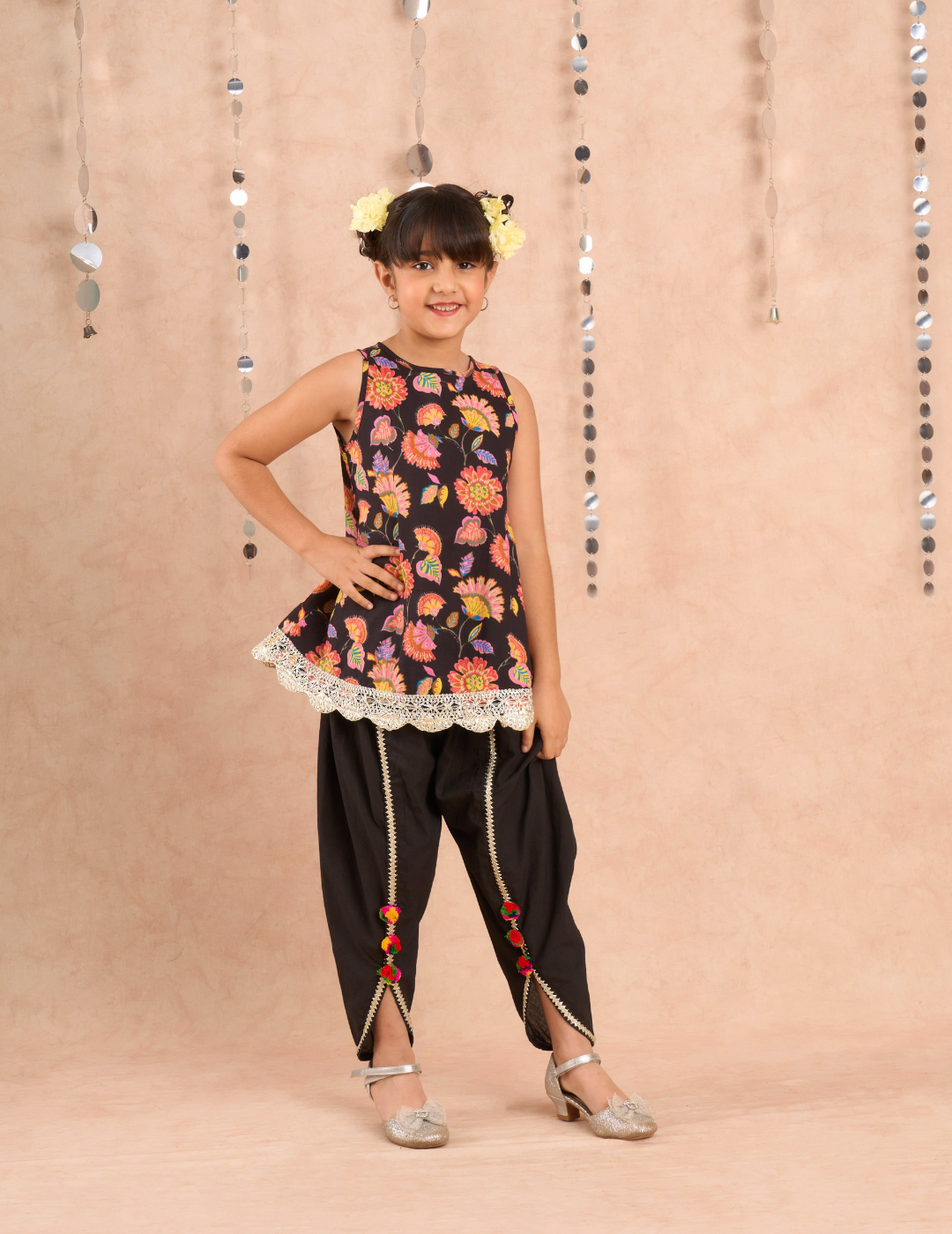 Jaipur Girls Black Cotton Kurta with Dhoti Ethnic Set