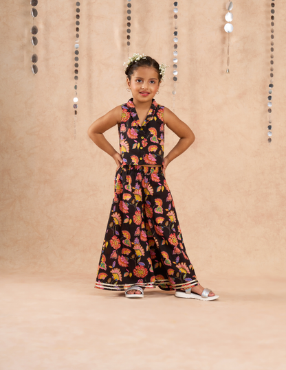 Jaipur Girls Black Cotton Top with Pant Co-ordinate Ethnic Set