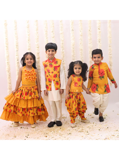 Genda Phool White Kurta and Pant with Mustard Jacket Set for Boys