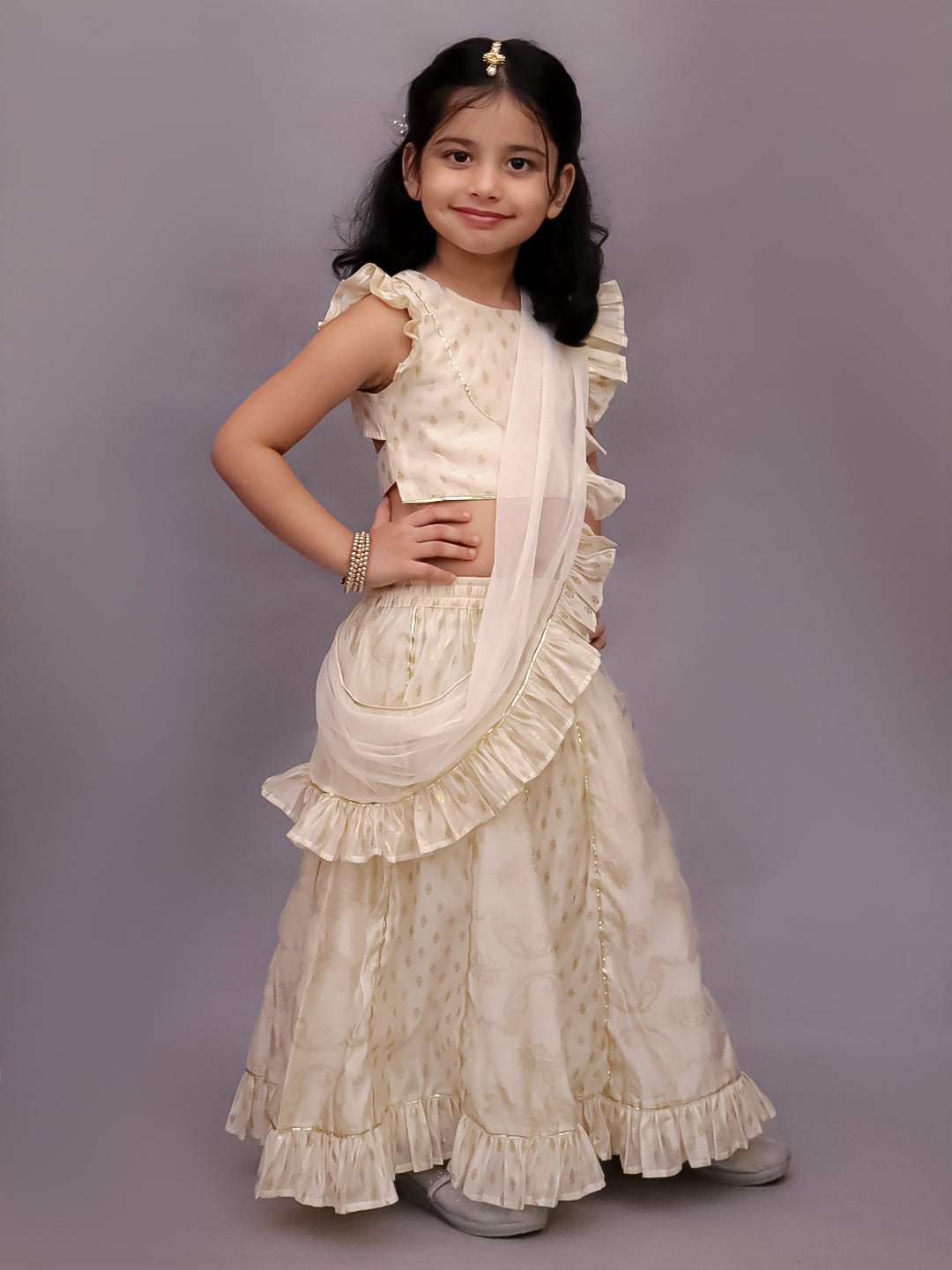 Mishti Off White Lehanga Choli Dupatta Set For Girls