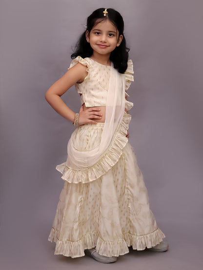 Mishti Off White Lehanga Choli Dupatta Set For Girls