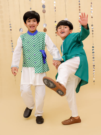 Shor-Gul White Kurta Pyjama with Green Jacket Set For Boys