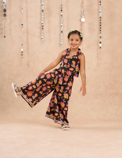 Jaipur Girls Black Cotton Top with Pant Co-ordinate Ethnic Set