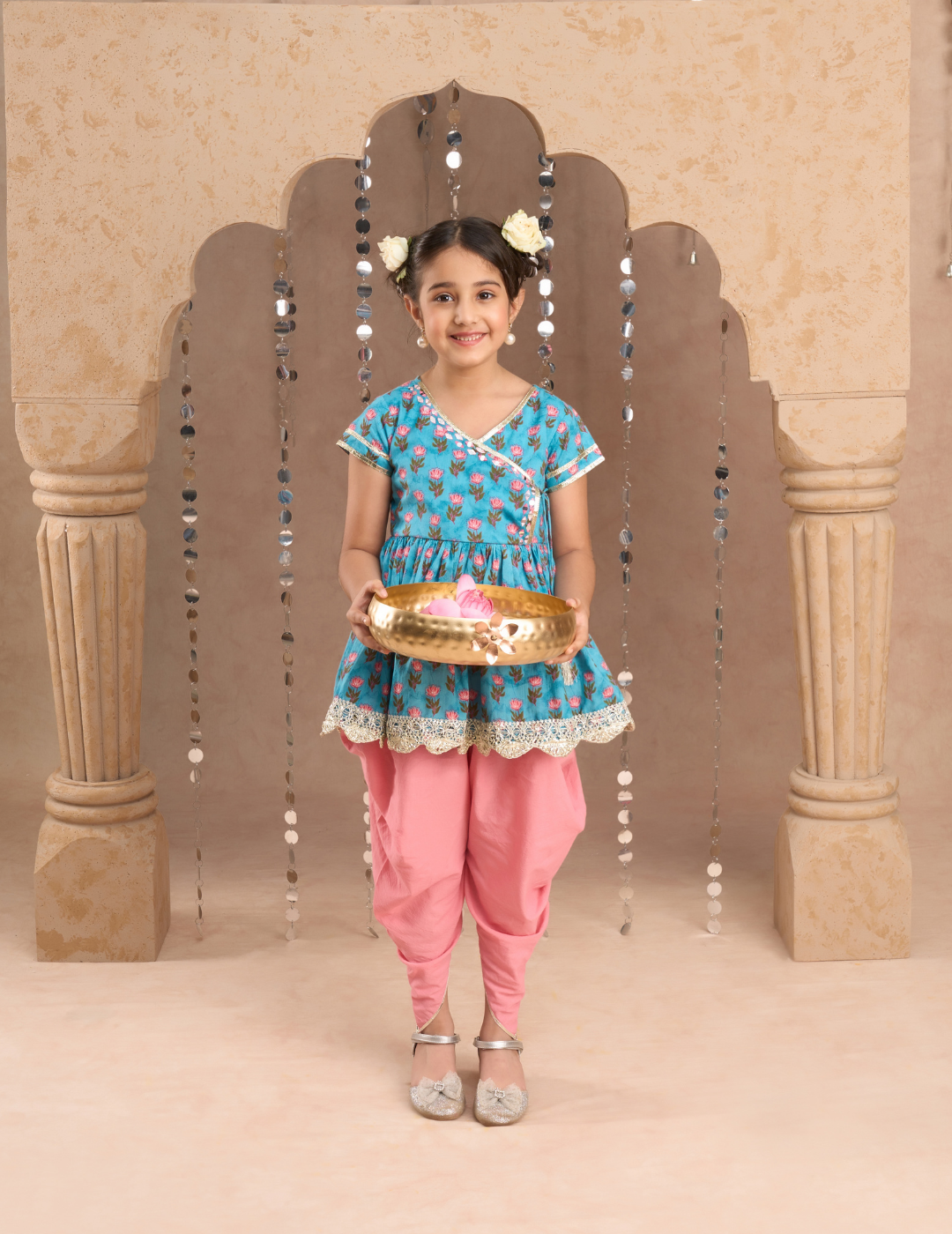 Jaipur Girls Blue Cotton Kurta with Dhoti Ethnic Set