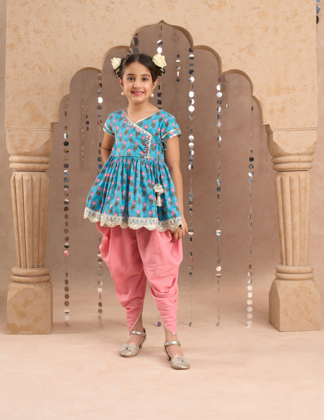 Jaipur Girls Blue Cotton Kurta with Dhoti Ethnic Set