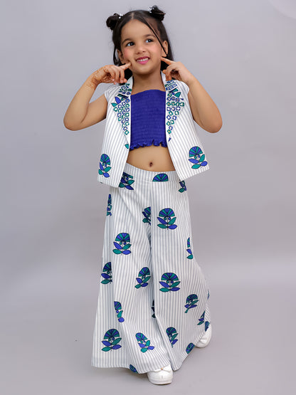 Shor-Gul White Jacket and Pant With Blue Bustier Set For Girls