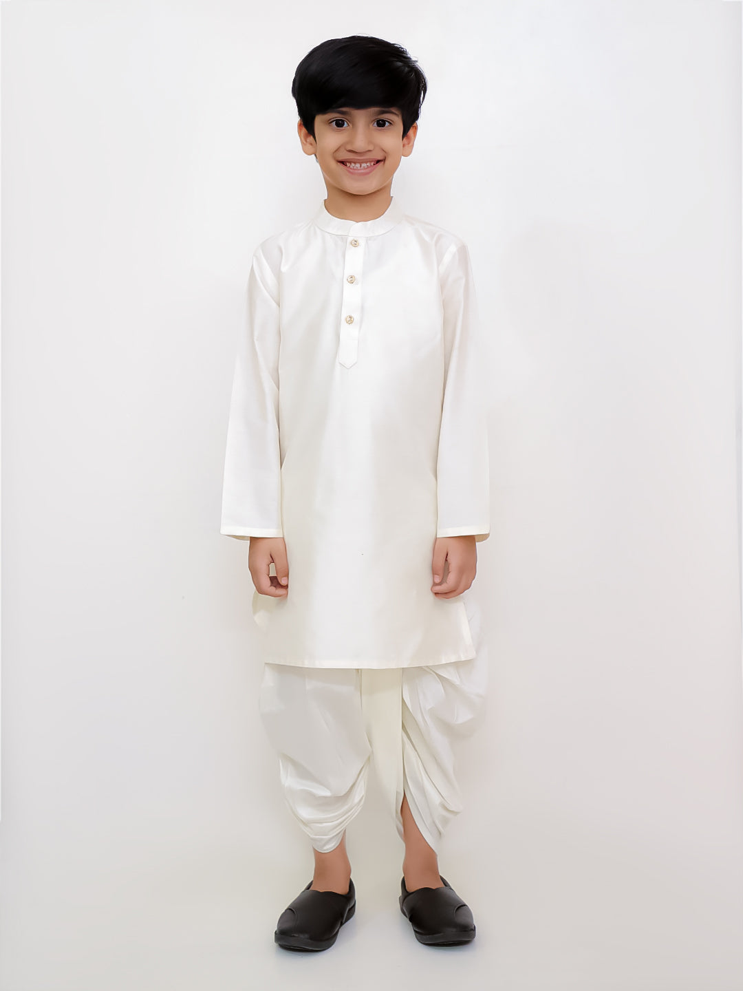 Genda Phool White Kurta and Dhoti with Mustard Jacket Set for Boys