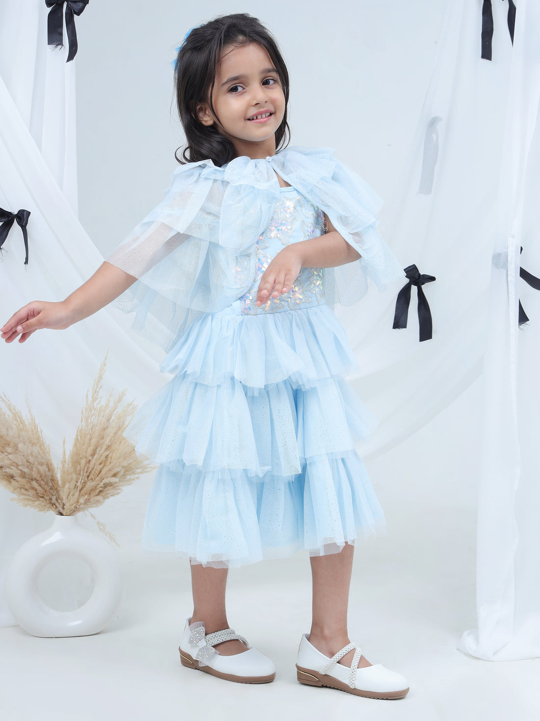 Razzle Dazzle Sky Blue Party Dress with Shrug for Girls