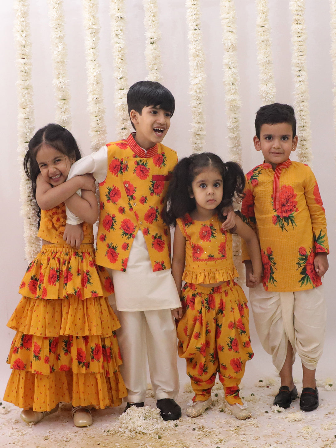 Genda Phool Mustard Kurta and White Dhoti Set for Boys