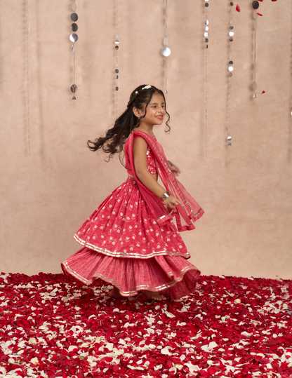 Jaipur Girls Red Cotton Lehanga and Choli with Dupata Ethnic Set