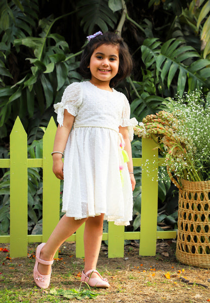 Girls georgette dobby dress with neon tassles , flower applique &amp; belt