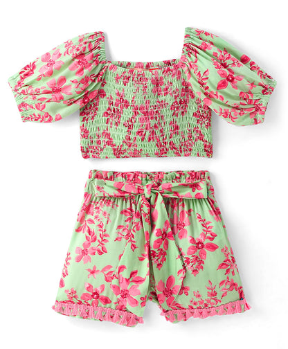 Sassy Boho Girls Green crop Top with shorts set from the sibling collection