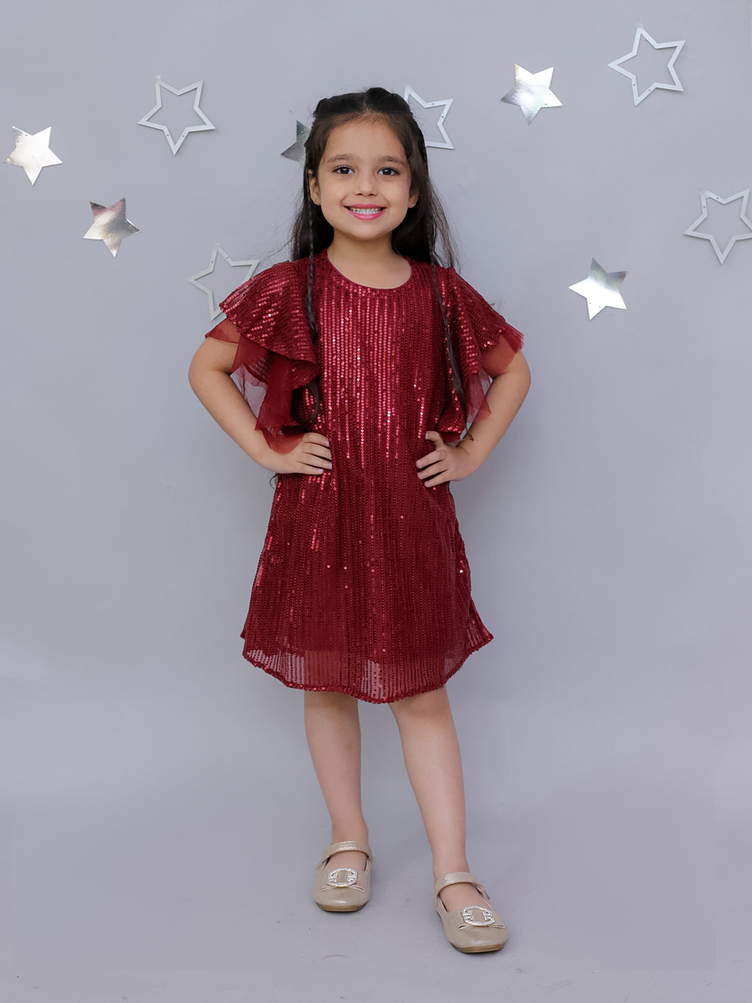Girls Stylish Sequence Embroidered Dress with Ruffle Sleeve