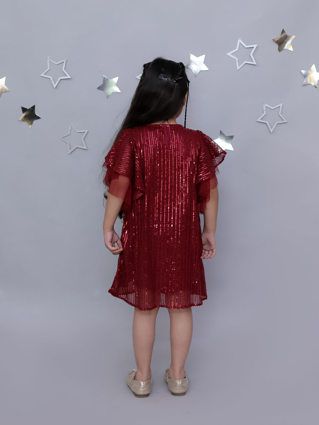 Girls Stylish Sequence Embroidered Dress with Ruffle Sleeve