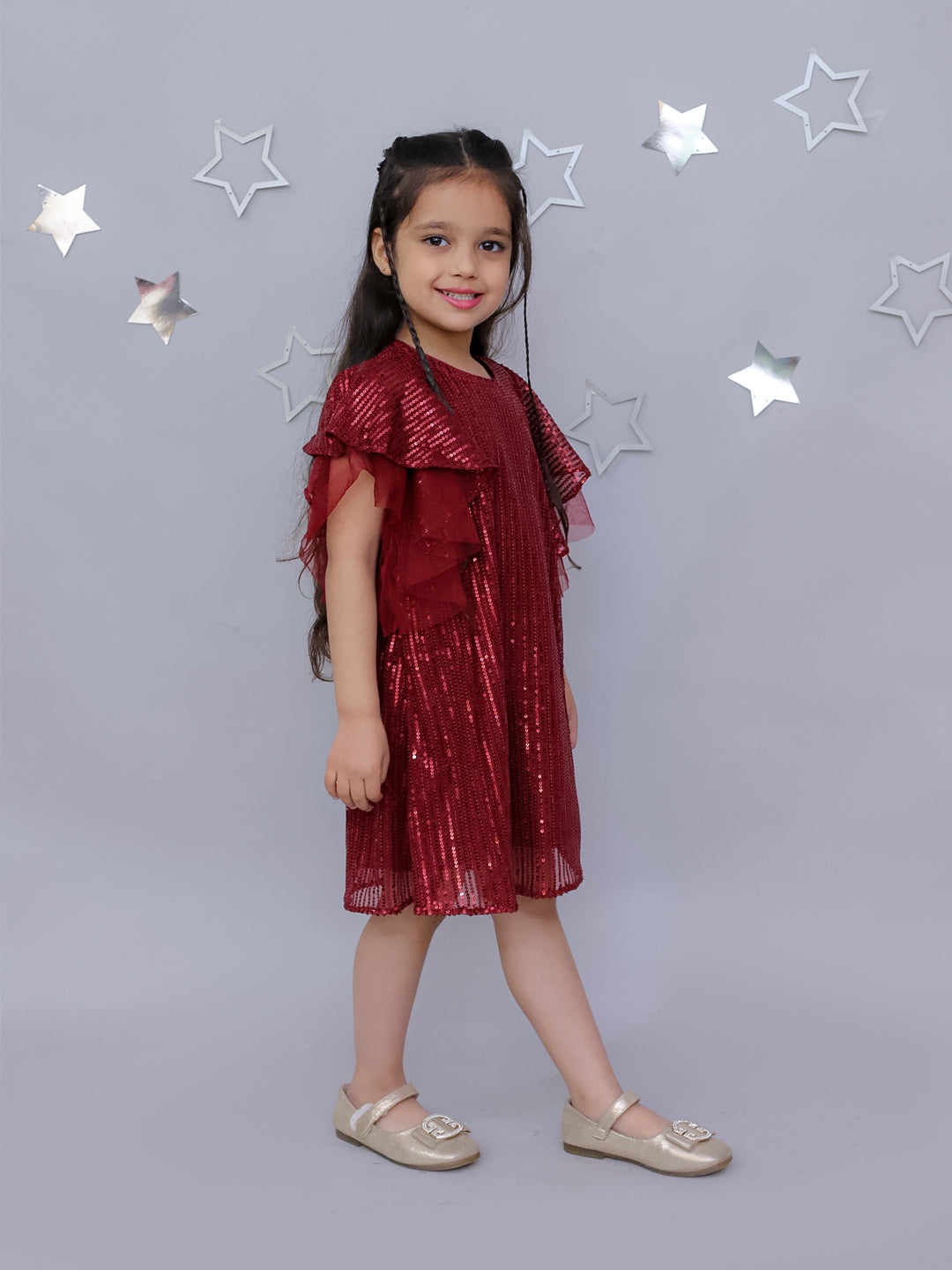 Girls Stylish Sequence Embroidered Dress with Ruffle Sleeve