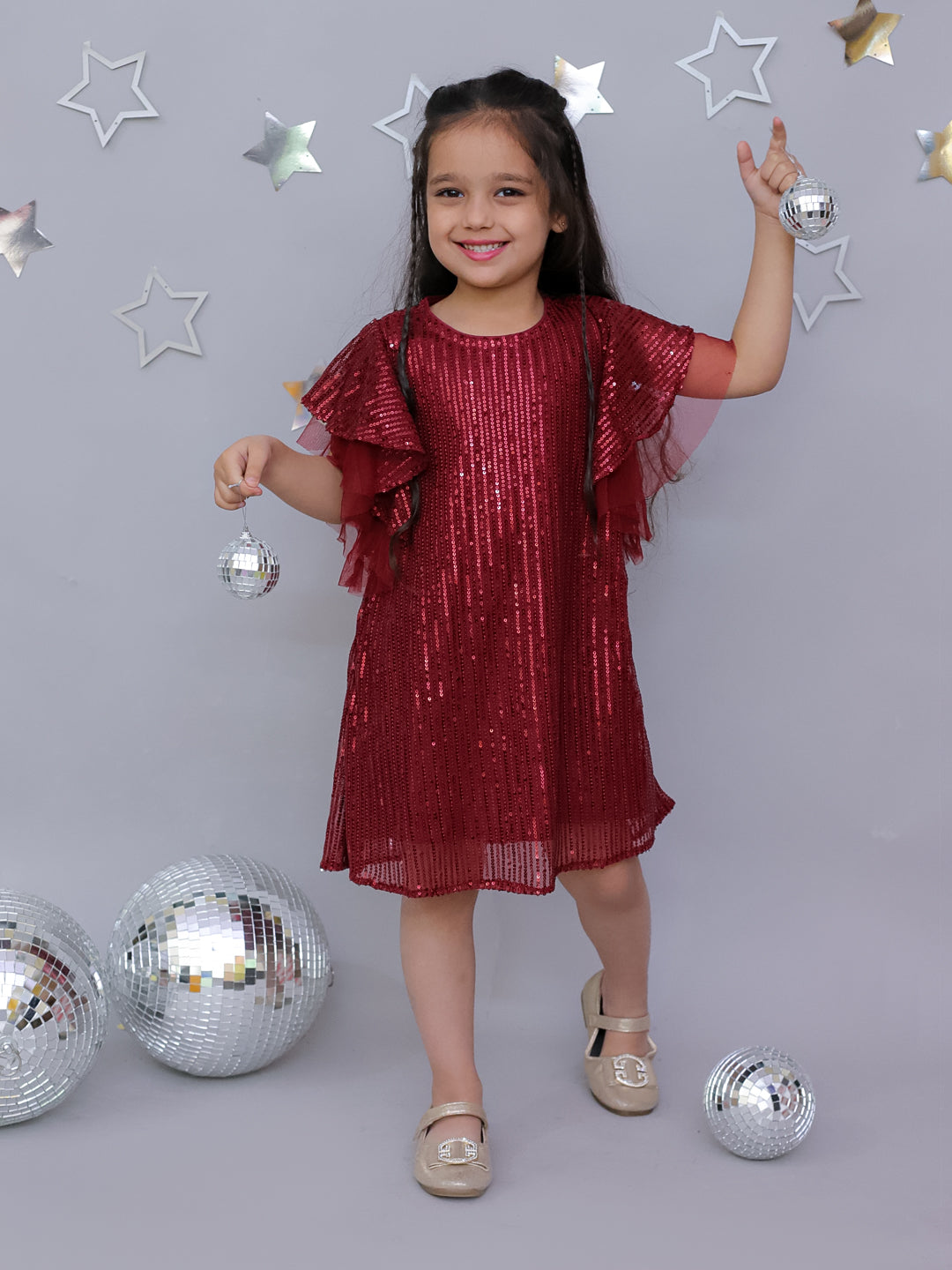 Girls Stylish Sequence Embroidered Dress with Ruffle Sleeve