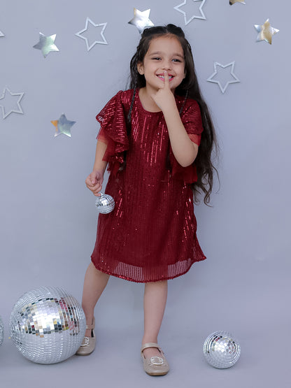 Girls Stylish Sequence Embroidered Dress with Ruffle Sleeve