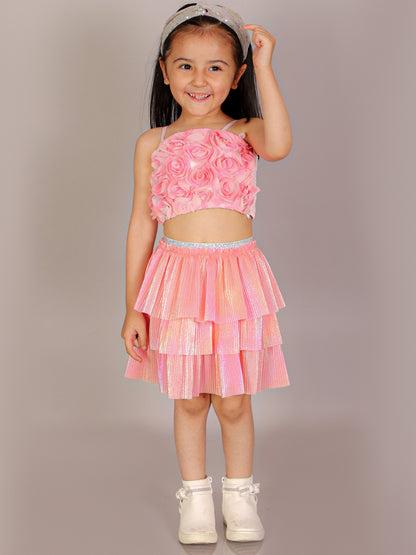 Paris Nights Girls Pink 3D Flower Party  Crop Top and skirt Set